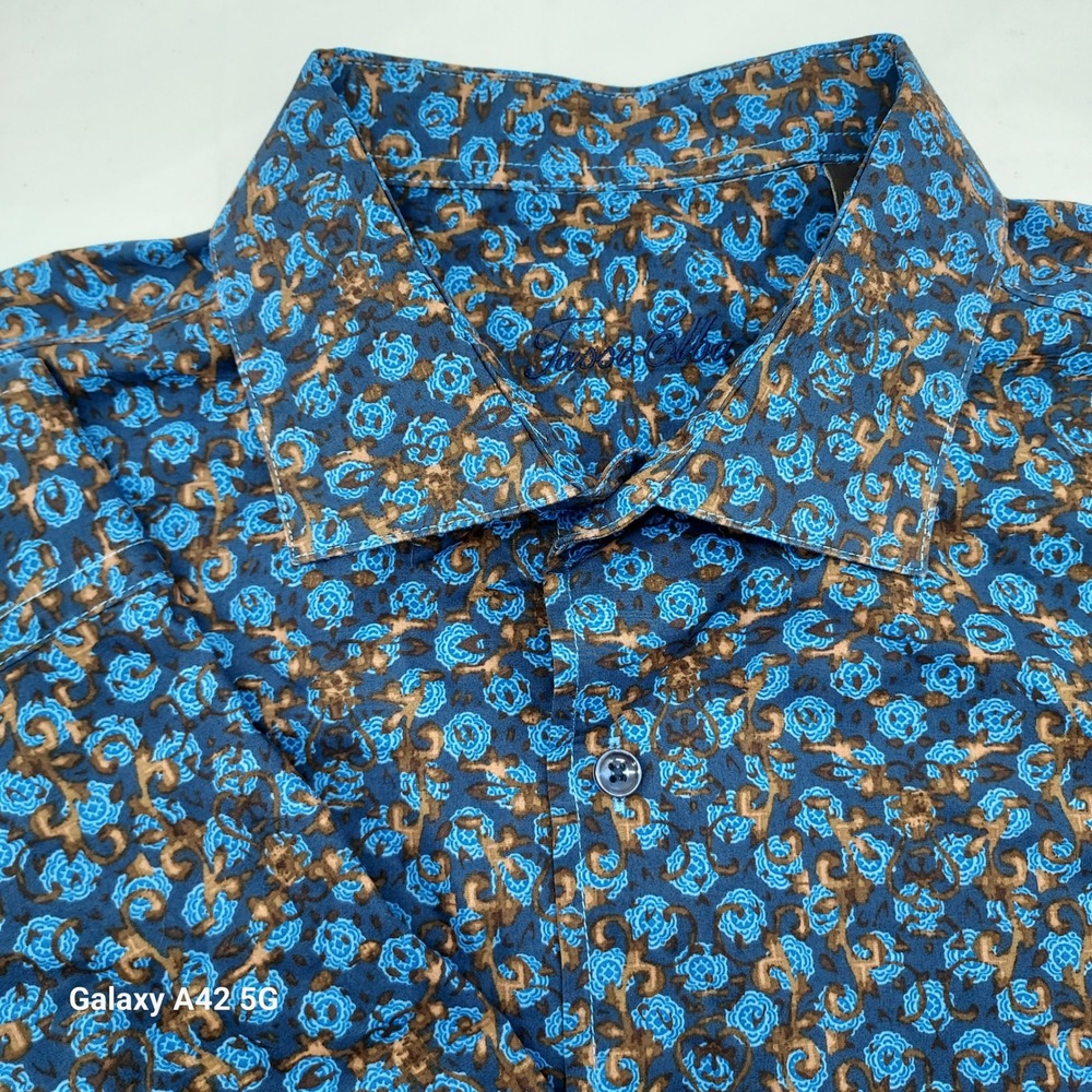 Tasso Elba Mens XL Blue Brown Floral Button Down Shirt Long Sleeve Cotton FA19